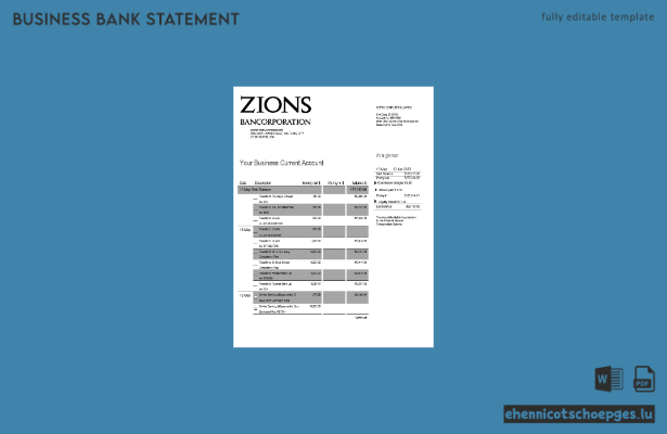 Zions Bancorporation Bank – Beispiel eines Kontoauszugs für ein Geschäftskonto (Word und PDF)